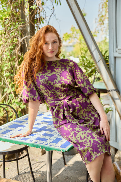 Khaki viscose with purple flowers - €26/m