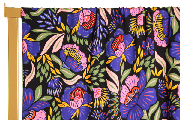 Black viscose with bright purple flowers - €26/m