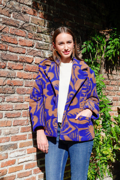 Laine à fleurs abstraites en bleue & brune - €29,9/m