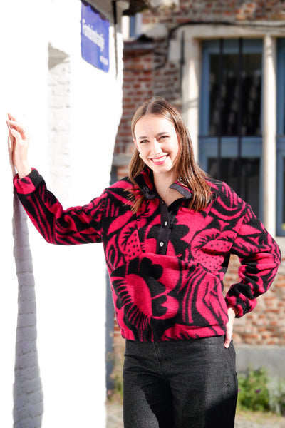 Laine à fleurs abstraites en noir & fuchsia -  - €29,9/m