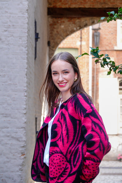 Laine à fleurs abstraites en noir & fuchsia -  - €29,9/m