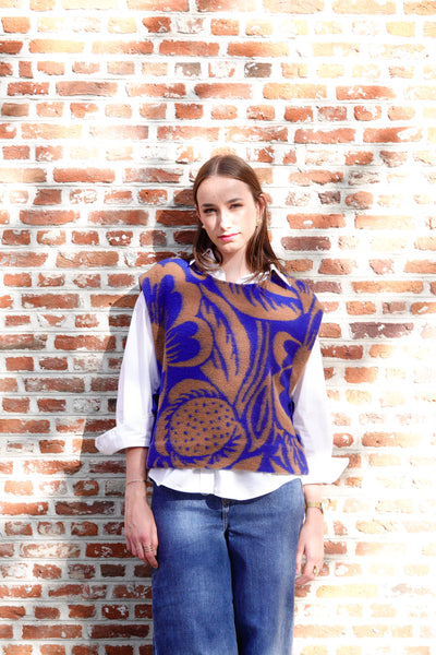 Laine à fleurs abstraites en bleue & brune - €29,9/m