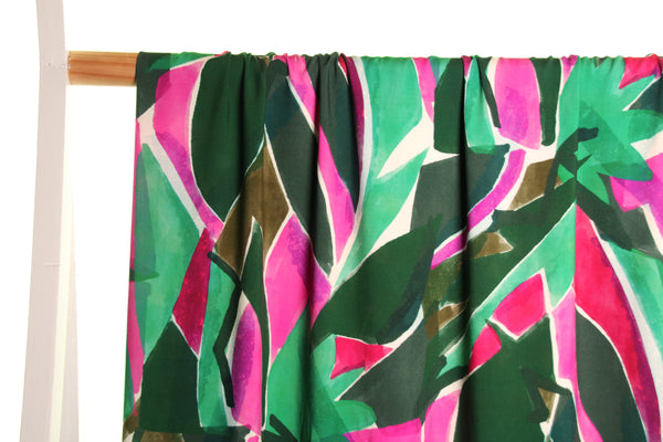 Pink and green abstract leaves viscose - €26/m