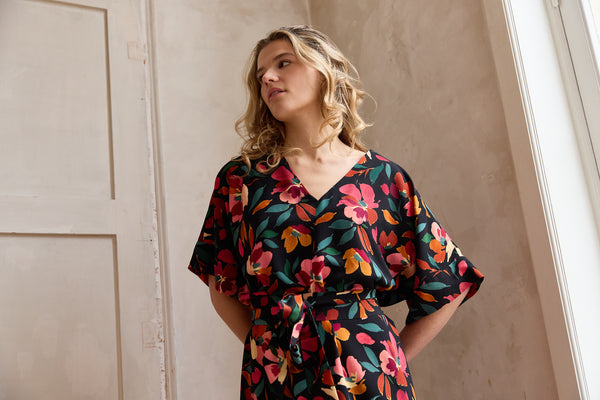 Black viscose with colourful flowers - €26/m