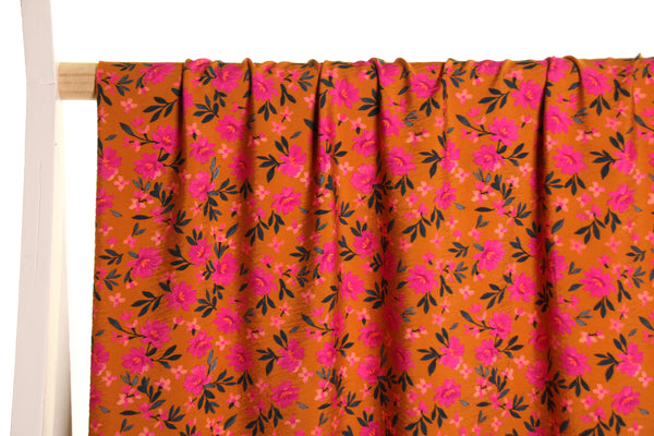 Ochre little flowers textured viscose - €26/m