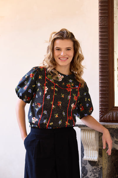 Black cotton with dots and flowers - €26/m