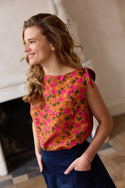 Ochre little flowers textured viscose - €26/m